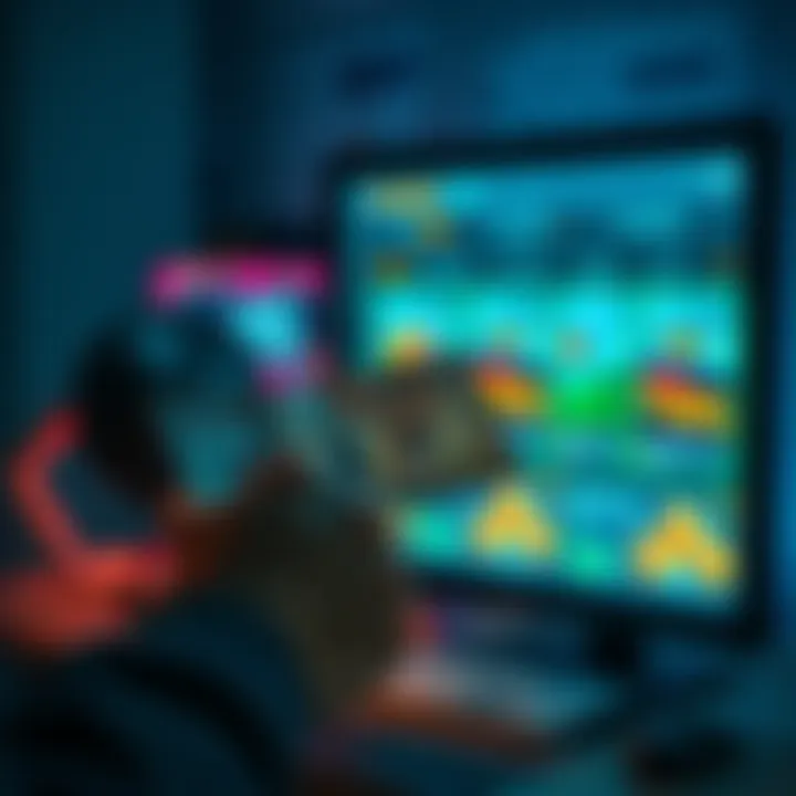 Cash Conversion Decision A person holding a $5 bill while looking at a computer screen showing parcels and challenge packages for sale, contemplating their options.