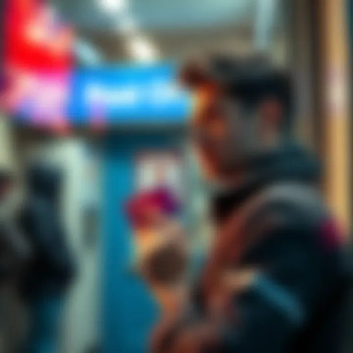 An American expat holding a Revolut card while standing in front of a Post Office in the UK, looking at cash to deposit.