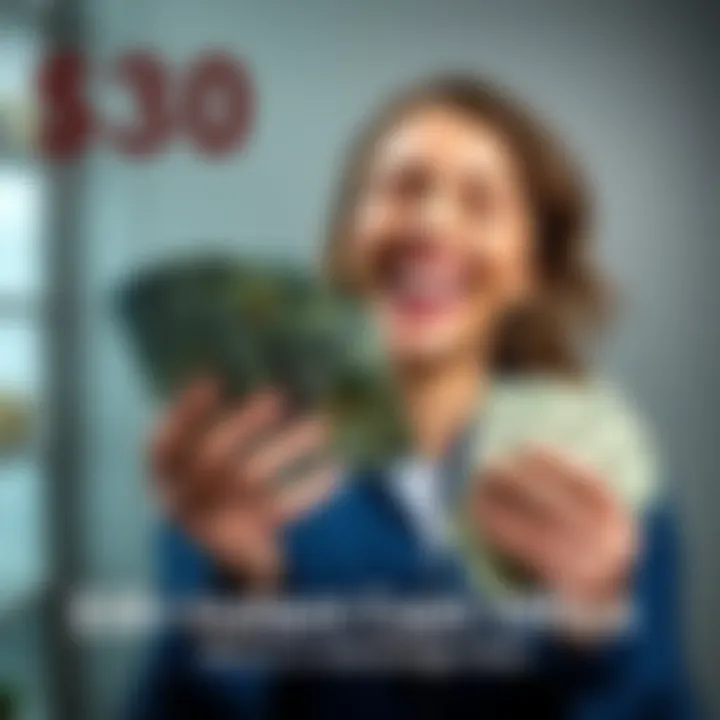 A person holding cash bills with a bright smile, showing relief and joy from receiving instant cash offers.