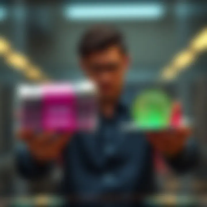 A person weighing two options: a stack of cash representing $500K on one side and a digital representation of cryptocurrency worth $5 million on the other side