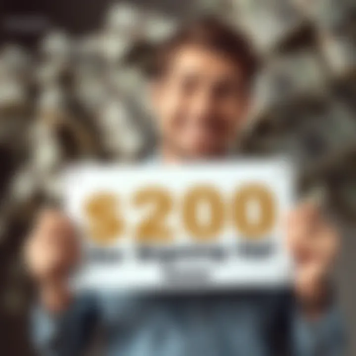A person smiling while holding a sign that says 'Earn $200 by Signing Up!' with dollar bills in the background.