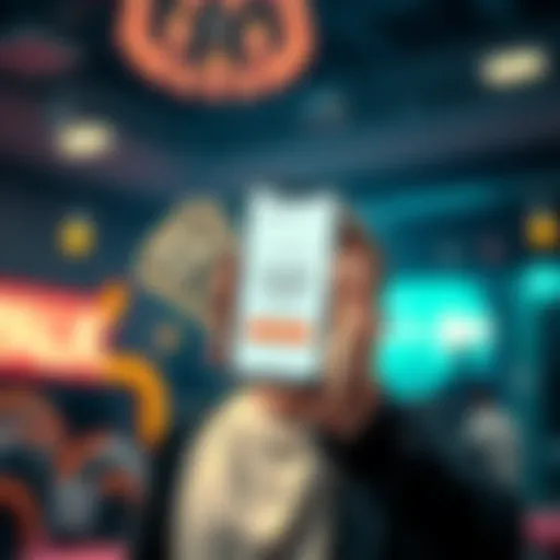 A person excitedly holding cash rewards with a smartphone showing revpoints balance on the screen.