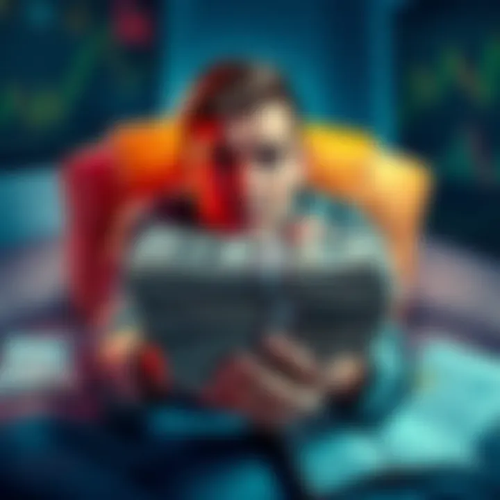 A person holding a stack of cash with worried expressions, surrounded by stock market charts and financial documents.