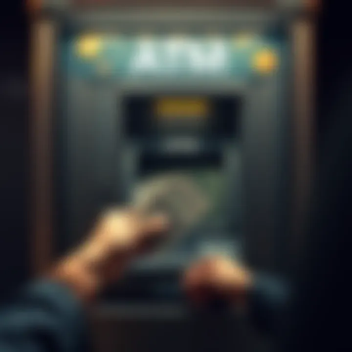 Cash Withdrawal with Cryptocurrency A person withdrawing cash from an ATM with a focus on privacy, surrounded by digital currency symbols
