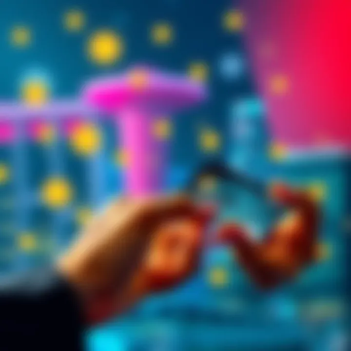 A person using a smartphone and a debit card with cryptocurrency symbols in the background