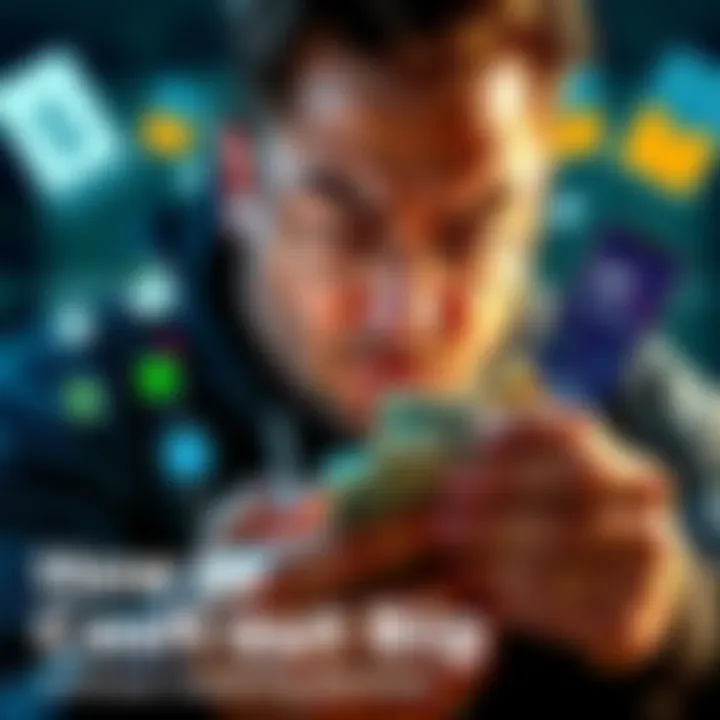 Cashing Out Money A person counting cash with a worried expression, surrounded by various financial apps on a smartphone screen.