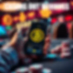A person holding a smartphone showing a Bitcoin wallet app, with cash in hand and casino chips on the table.