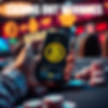 A person holding a smartphone showing a Bitcoin wallet app, with cash in hand and casino chips on the table.