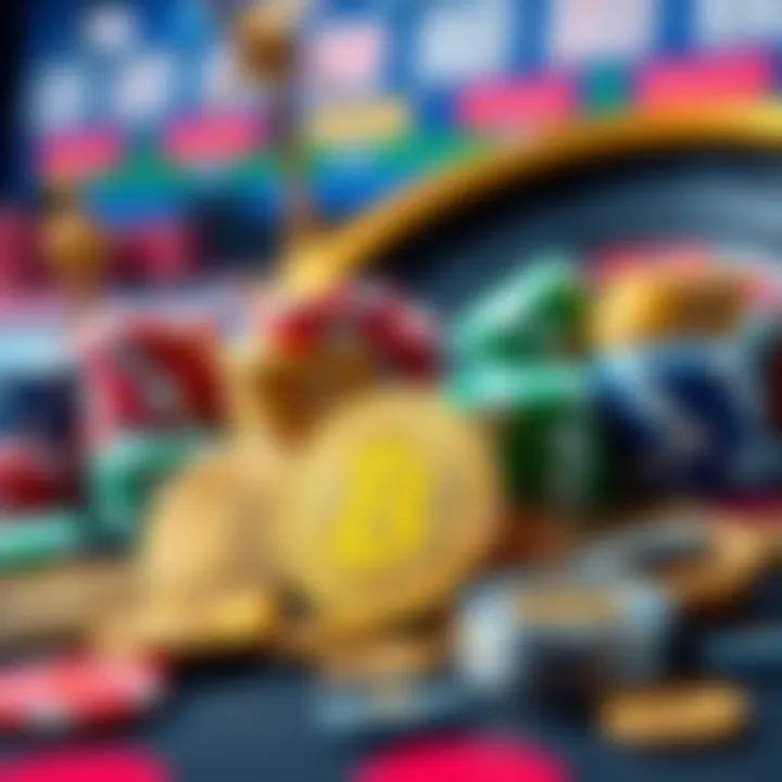 Colorful casino chips next to various cryptocurrency coins on a table