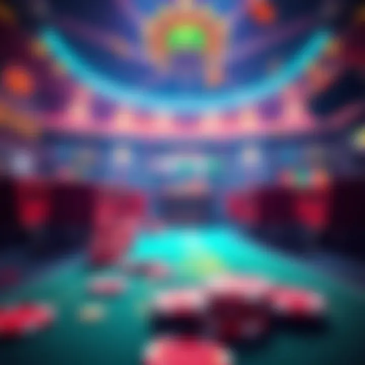 Illustration showing a colorful casino with poker chips and digital currency symbols, representing the gambling mentality in DeFi.