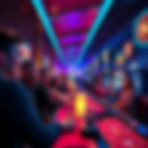 A vibrant casino scene with people laughing, playing games, and socializing at tables.