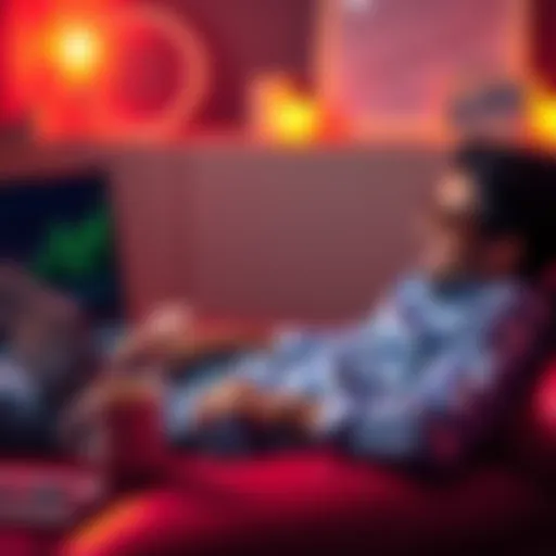 A relaxed person checking Bitcoin prices on a laptop, with a smile as the screen shows rising profits. A coffee cup sits nearby, symbolizing a laid-back investment style.