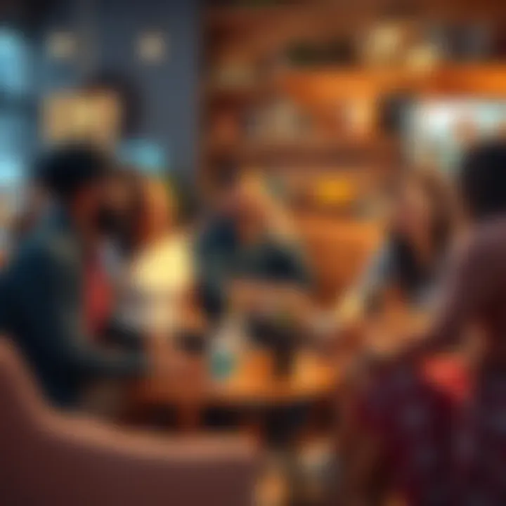 A group of diverse people sitting in a circle, engaging in friendly conversation with smiles and laughter, surrounded by a cozy setting and refreshments.