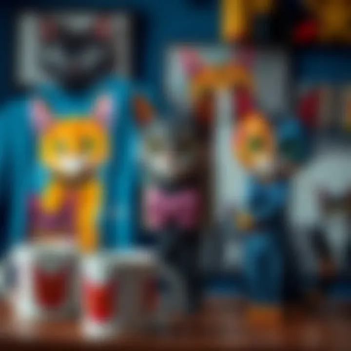 Colorful cat artwork on T-shirts and cups with playful designs