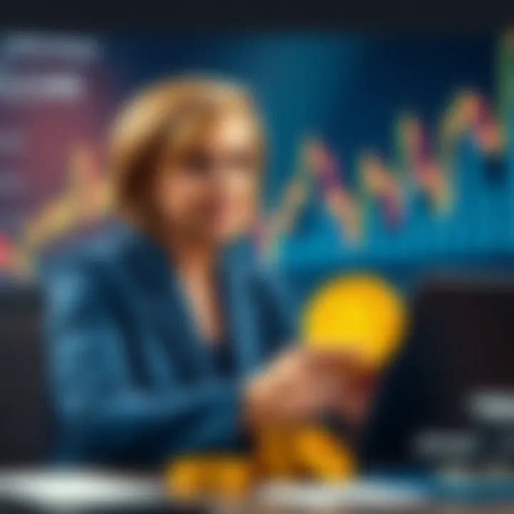 Cathie Wood confidently placing her bets on Bitcoin with charts showing AI and deflation in the background