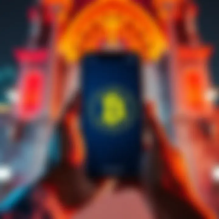 Catholic Stablecoin Donation Concept A person holding a smartphone displaying a digital wallet with a stablecoin symbol, standing in front of a church, symbolizing the integration of cryptocurrency in charitable donations.