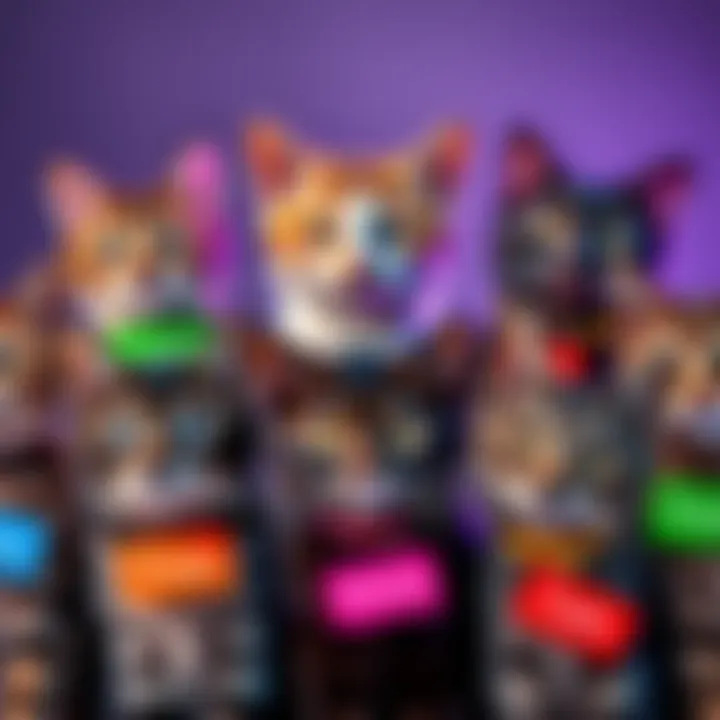 A group of cats showcasing unique names on colorful name tags