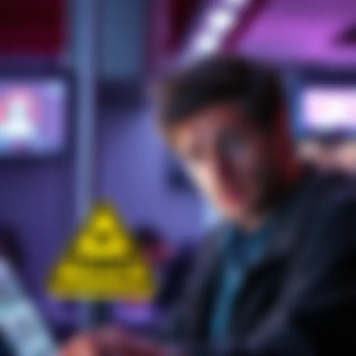 A person looking worried while browsing low-priced listings on Facebook Marketplace, with a caution sign displayed prominently to indicate potential scams.