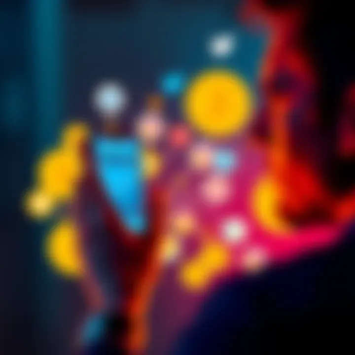 A worried person looking at a smartphone displaying Bitcoin prices, surrounded by social media icons