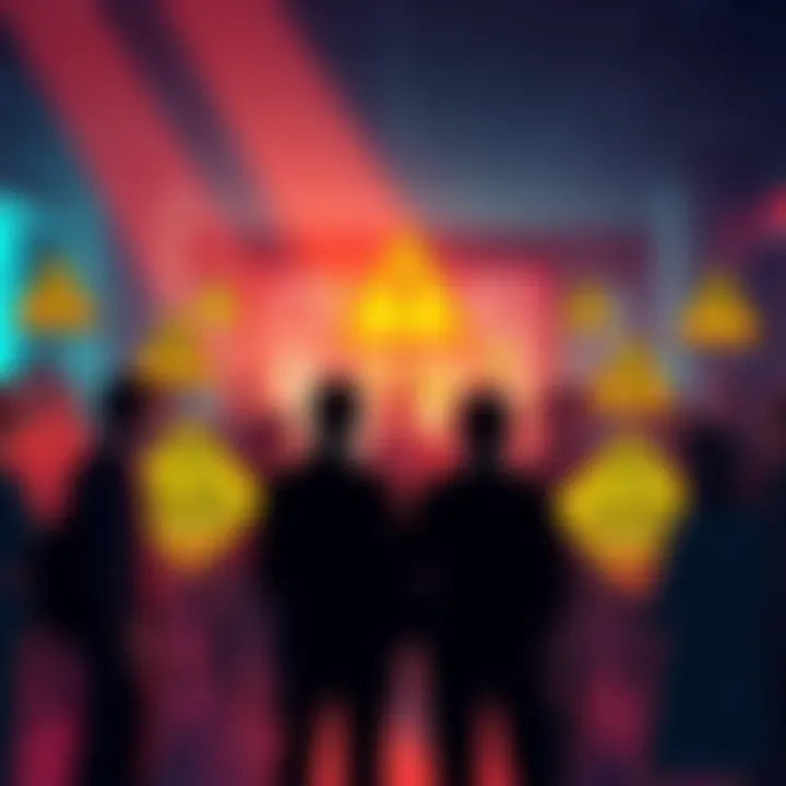 A group of people discussing cryptocurrency tips with caution signs around them