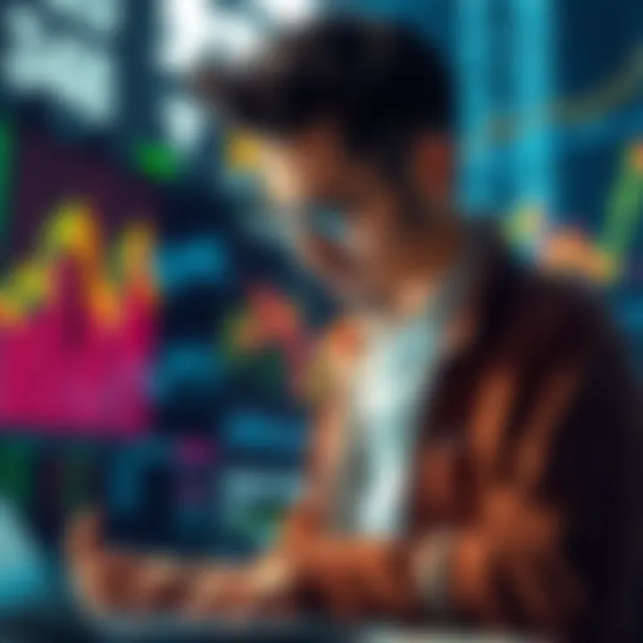 An investor carefully analyzes stock market trends, avoiding potential bull traps, with charts and graphs showing fluctuations in the background.