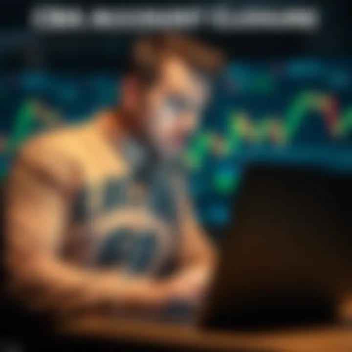 A concerned man looking at his closed bank account on a laptop, with a background showing crypto exchange graphics.