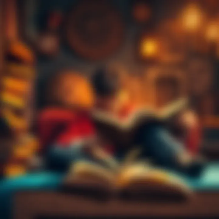 A person reading a book in a cozy setting surrounded by books and a warm atmosphere.