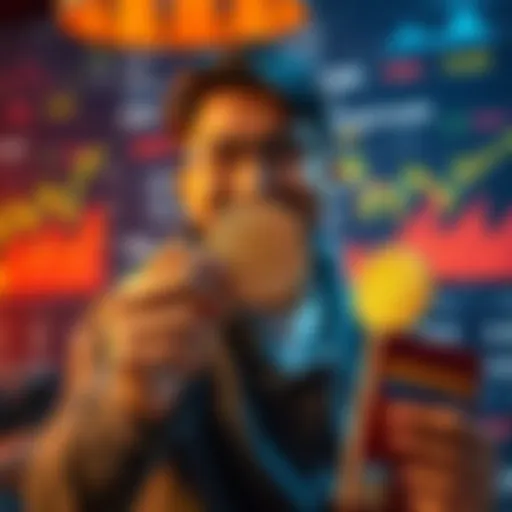 A person smiling while holding a physical Bitcoin coin, surrounded by charts and a hard wallet, celebrating a crypto milestone.