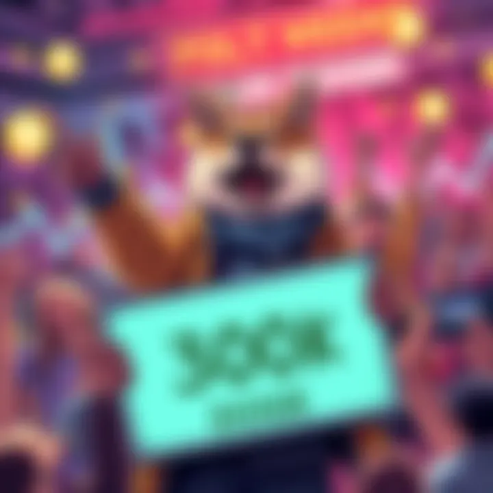 A joyful crypto enthusiast holding a sign that says 300K DOGE, surrounded by cheering friends and digital currency symbols.