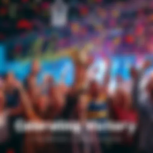 A group of people joyfully celebrating their victory with confetti and trophies in a lively setting.