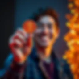 Person holding a coin with a big smile, symbolizing their first profit celebration