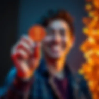 Person holding a coin with a big smile, symbolizing their first profit celebration