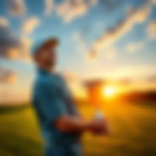 A golfer smiling while holding a trophy on a golf course, with a beautiful sunset in the background
