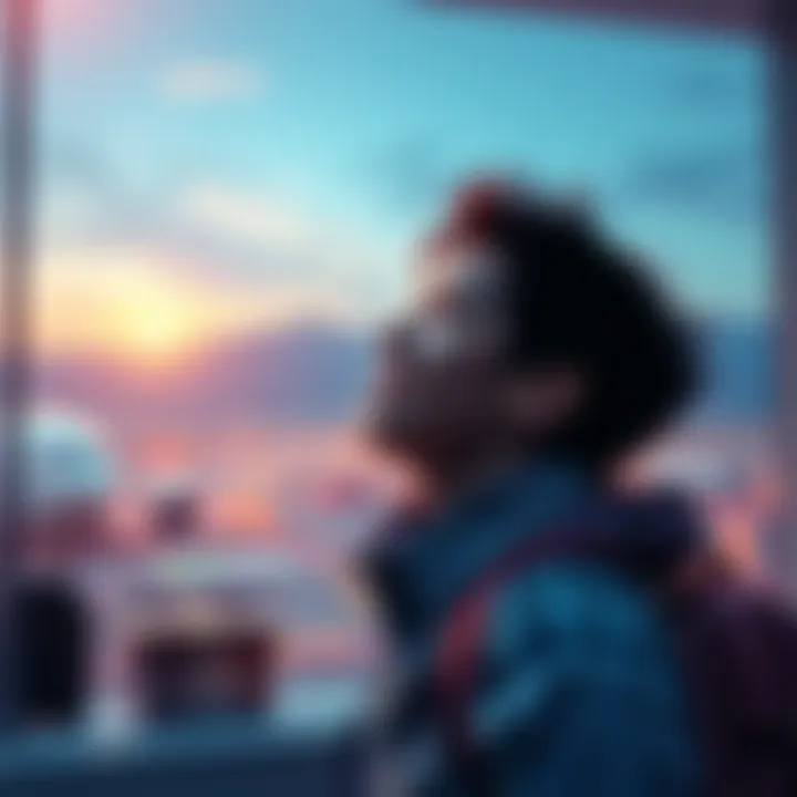 A person joyfully reflecting on their second migration journey, showing a backdrop of an airport and travel essentials