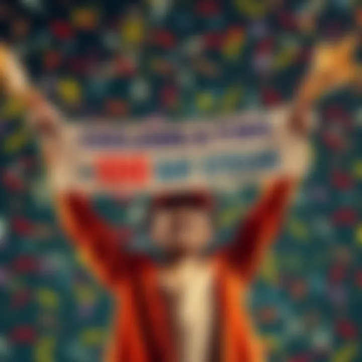 A person happily holding a celebration banner for a 100-day streak achievement with confetti falling around them.