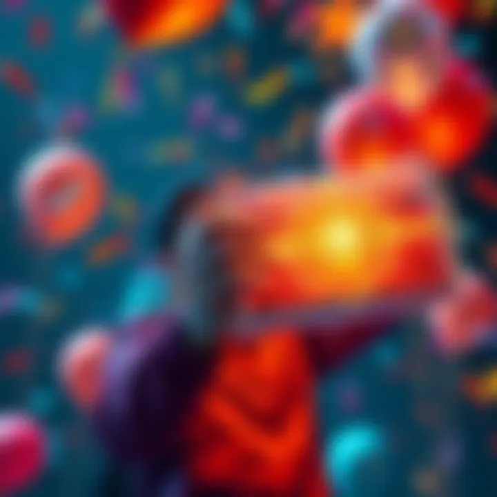 A person holding a shiny Legendary parcel with excitement, surrounded by confetti and balloons, symbolizing a milestone celebration.