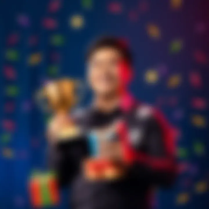 A person holding a trophy, smiling, with colorful lucky parcels around them, celebrating their 2X tier achievement.