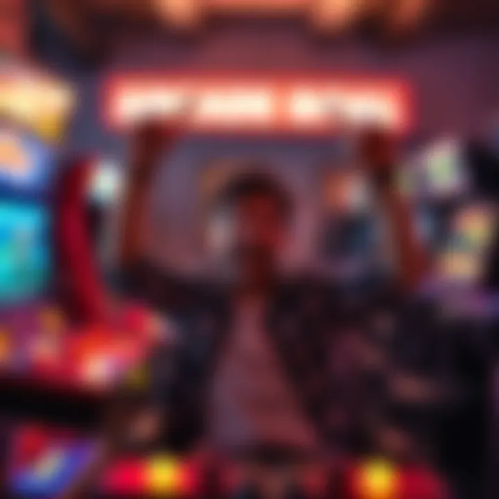 A person joyfully celebrating after completing a challenging arcade game goal, surrounded by gaming equipment.