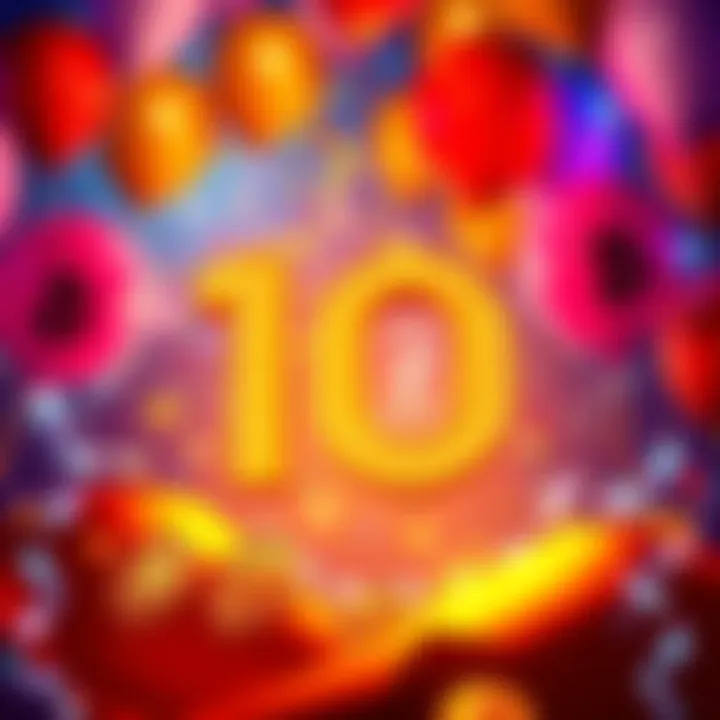 A vibrant celebration of cryptocurrency's 10-year journey, featuring balloons and digital currency symbols.