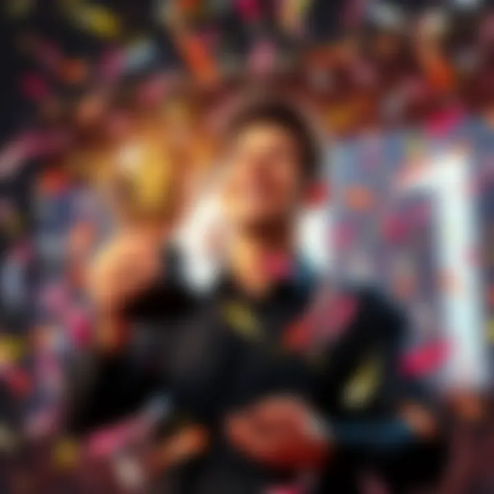 A happy person holding a trophy, celebrating their membership in the $1 club, surrounded by confetti