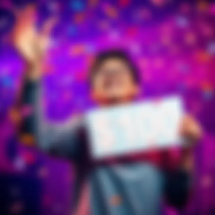 Person joyfully holding a sign that says '$100' with confetti in the background