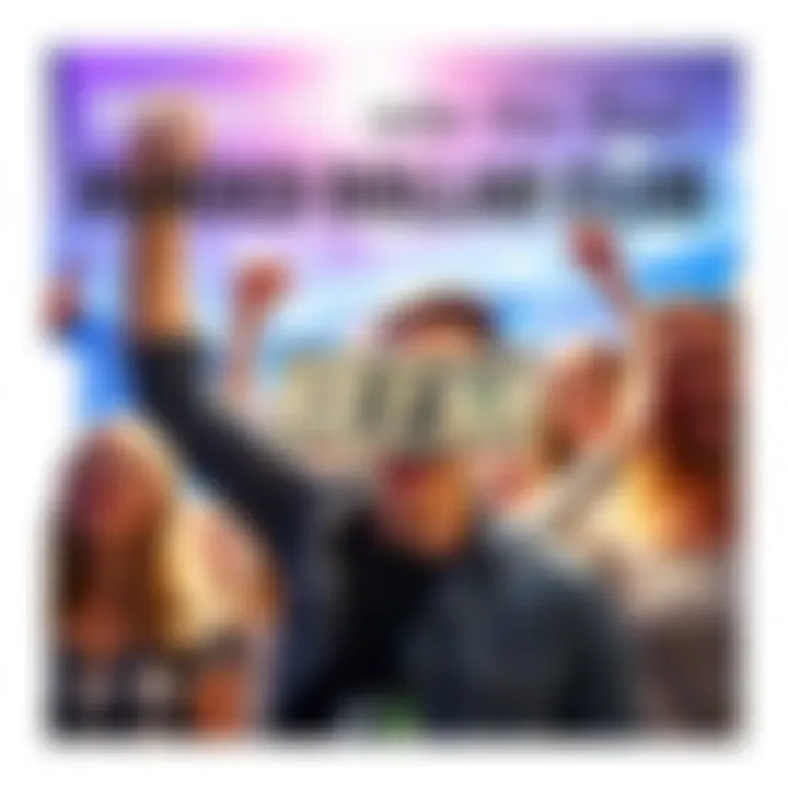 An individual joyfully holding a hundred dollar bill while surrounded by friends, symbolizing success and motivation.