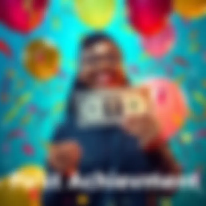 A joyful person holding a dollar bill with a big smile, surrounded by confetti and balloons in a festive setting.