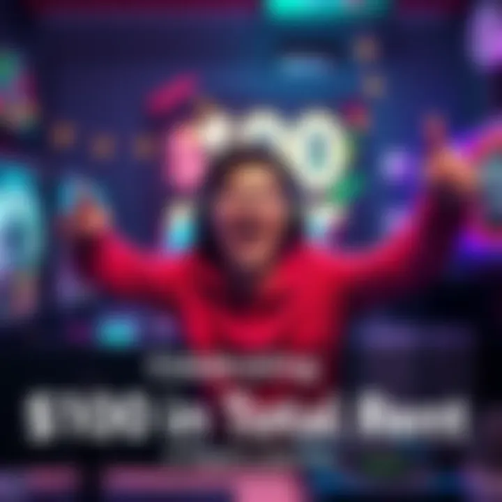 A player celebrating reaching $100 in total rent in a gaming environment, with a joyful expression and gaming setup in the background