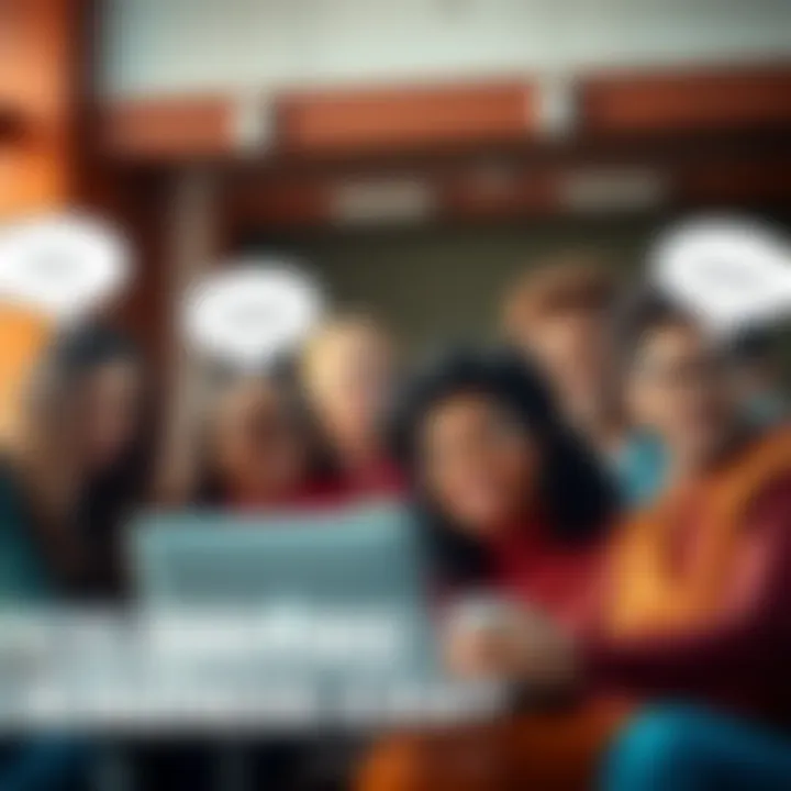 A group of diverse people smiling and chatting together online, with speech bubbles showing positive words like 'nice' and 'happy'.