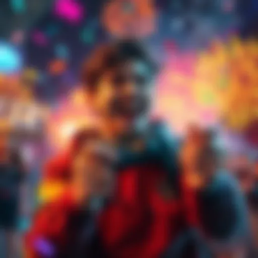 A joyful gamer celebrating their first Legendary status with a big smile and a gaming controller in hand, surrounded by colorful fireworks and confetti.
