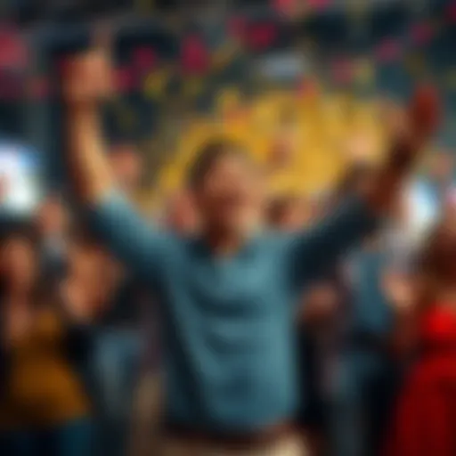 A person joyfully celebrating a significant win, surrounded by friends and family, showcasing happiness and triumph.