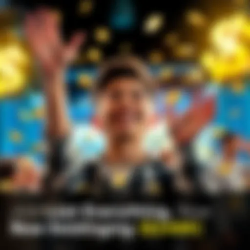 A young person smiles and raises their hands in joy, surrounded by symbols of wealth like coins and dollar signs, representing their journey from loss to financial gain.