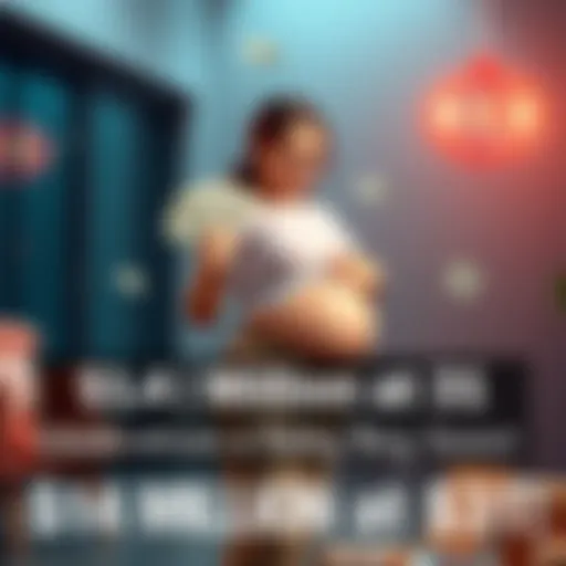 A joyful individual stands with a baby bump, holding money and baby items, symbolizing financial achievement and family growth.