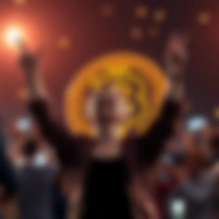 Person celebrating after officially joining the whole coin community, with a digital coin symbol in the background.